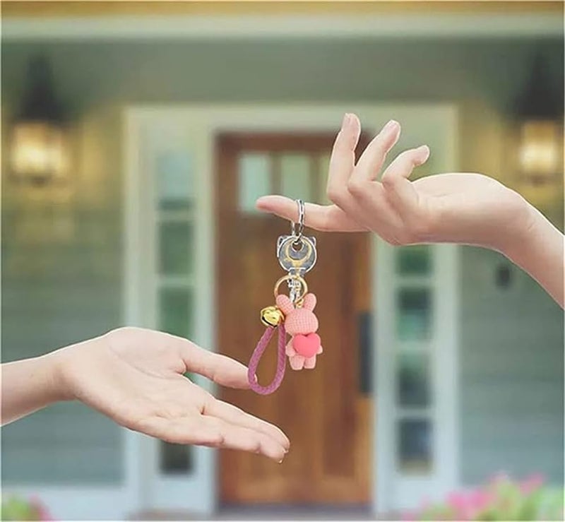 Luckam Cute Keychain Resin Rabbit with a Bell Keychain Cartoon Knitting Wool Bunny Holding Heart Pendant Car Handbag Backpack Purse Key Chain Gift for Boys Girls Teens Kids Pink 1 Pcs, M - Image 2