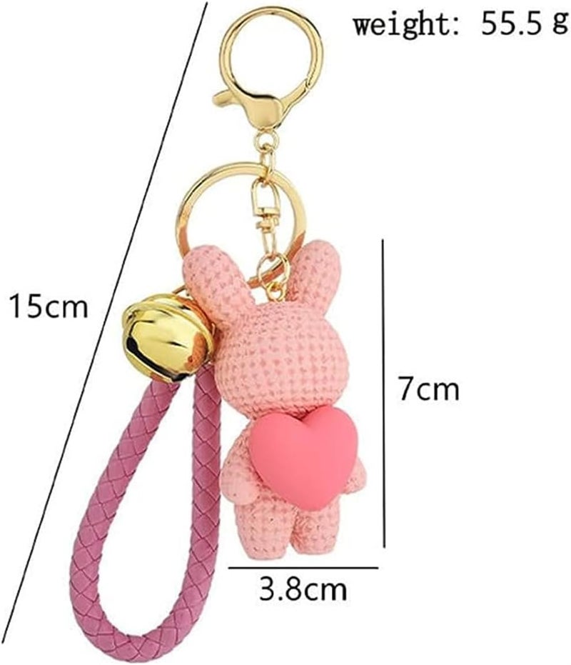 Luckam Cute Keychain Resin Rabbit with a Bell Keychain Cartoon Knitting Wool Bunny Holding Heart Pendant Car Handbag Backpack Purse Key Chain Gift for Boys Girls Teens Kids Pink 1 Pcs, M - Image 1