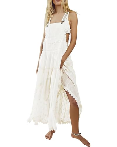 ebossy Women's Laced Embroidered Tulle Bib Dress Casual Loose Adjustable Straps Maxi Dress (XL, White) - Image 5