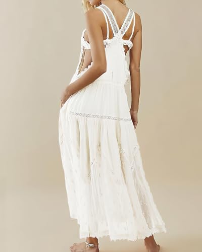 ebossy Women's Laced Embroidered Tulle Bib Dress Casual Loose Adjustable Straps Maxi Dress (XL, White) - Image 2