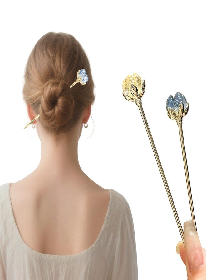 Snmzlc 2 Pcs Lotus Hair sticks for buns,Hair pins for women,Buns and Updos with No Hair Damage,Metal French Pin Great Hold,Suitable for fine & thick hairUS374 (Yellow + Blue) - Image 1