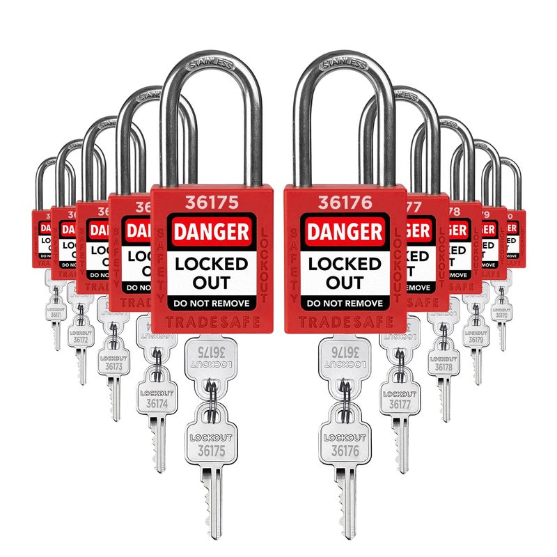 TRADESAFE Lockout Tagout Locks Set - 10 Red Loto Locks, Lockout Locks Keyed Different, 2 Keys Per Lock, OSHA Compliant Lock Out Tag Out Padlocks, Safety Padlocks for Electrical Lockout Tag Out Kits - Image 1