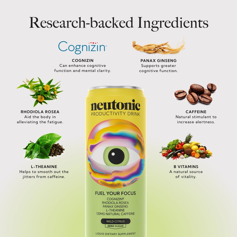 Neutonic Productivity Energy Drink, Boost Focus and Energy, Sugar Free, Science Backed Formula | 355 ML (12 cans) - Wild Citrus - Image 3