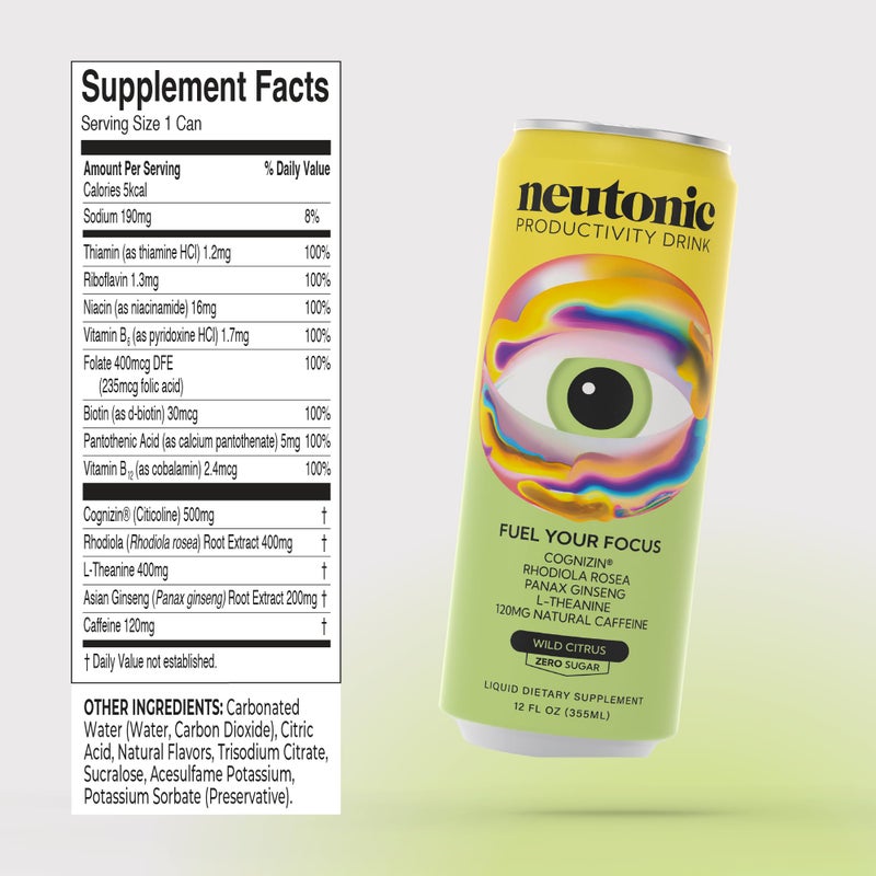 Neutonic Productivity Energy Drink, Boost Focus and Energy, Sugar Free, Science Backed Formula | 355 ML (12 cans) - Wild Citrus - Image 4