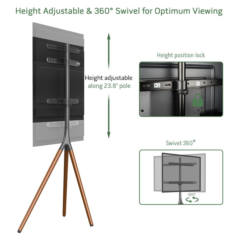 UPGRAVITY Easel TV Stand with Tripod Base for 45-65 inch Flat Screen up to 77lbs, Height Adjustable TV Stand Tripod for Living Room w/Cable Ties, 180Â°Swivel, Black - Image 5