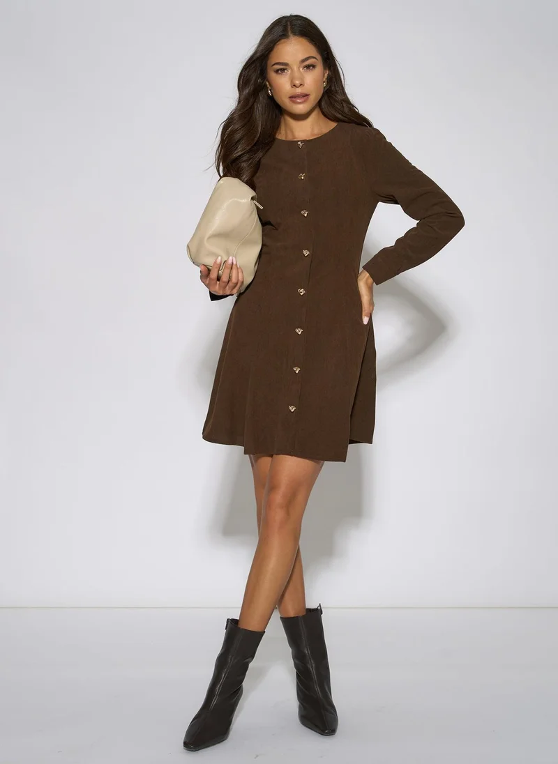 Dark Brown Gold Button Cord Mini Dress