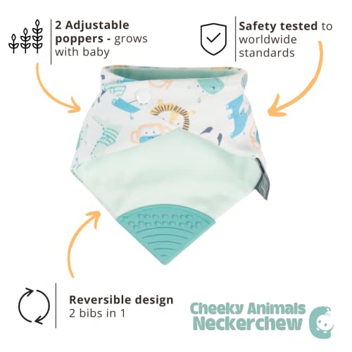 Cheeky Chompers 2-in-1 Baby Dribble Bib With Soft Silicone Teether, Reversible Bandana Style, Innovative Dimple Design Soothes Gums, 3-Layer Absorbency (Cheeky Animals Neckerchew) - Image 3