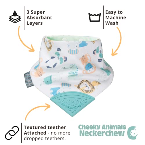 Cheeky Chompers 2-in-1 Baby Dribble Bib With Soft Silicone Teether, Reversible Bandana Style, Innovative Dimple Design Soothes Gums, 3-Layer Absorbency (Cheeky Animals Neckerchew) - Image 2