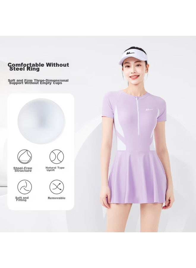 Pull Back Huili Swimsuit For Women, One-piece Dress, Slimming, Elegant, Conservative, Plus Size, Body-covering, Quick-drying Swimwear, Four-piece Set, 14008 Purple, Size M - Image 3
