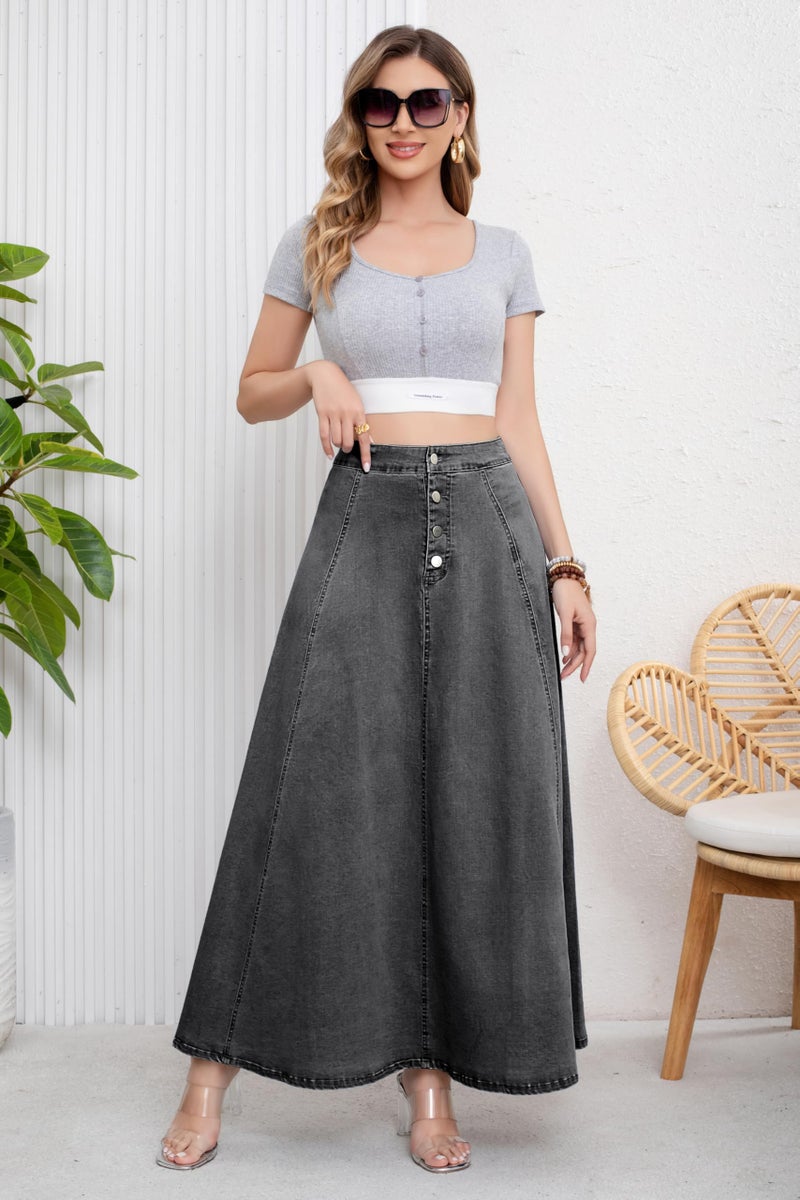 ebossy Women's Retro High Waisted Button Fly Flared Long Jean Skirts Pleated Flowy Swing A-line Denim Maxi Skirts (M, Dark Grey) - Image 2