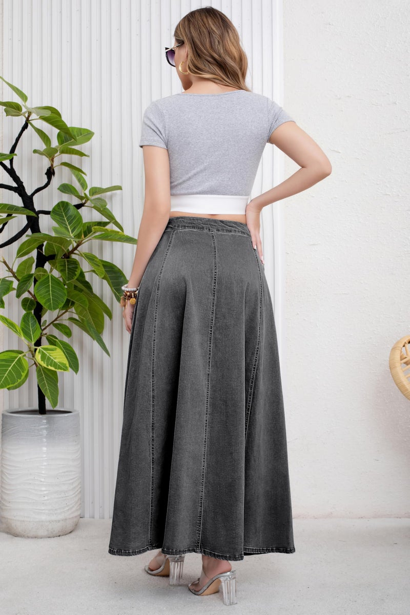 ebossy Women's Retro High Waisted Button Fly Flared Long Jean Skirts Pleated Flowy Swing A-line Denim Maxi Skirts (M, Dark Grey) - Image 5