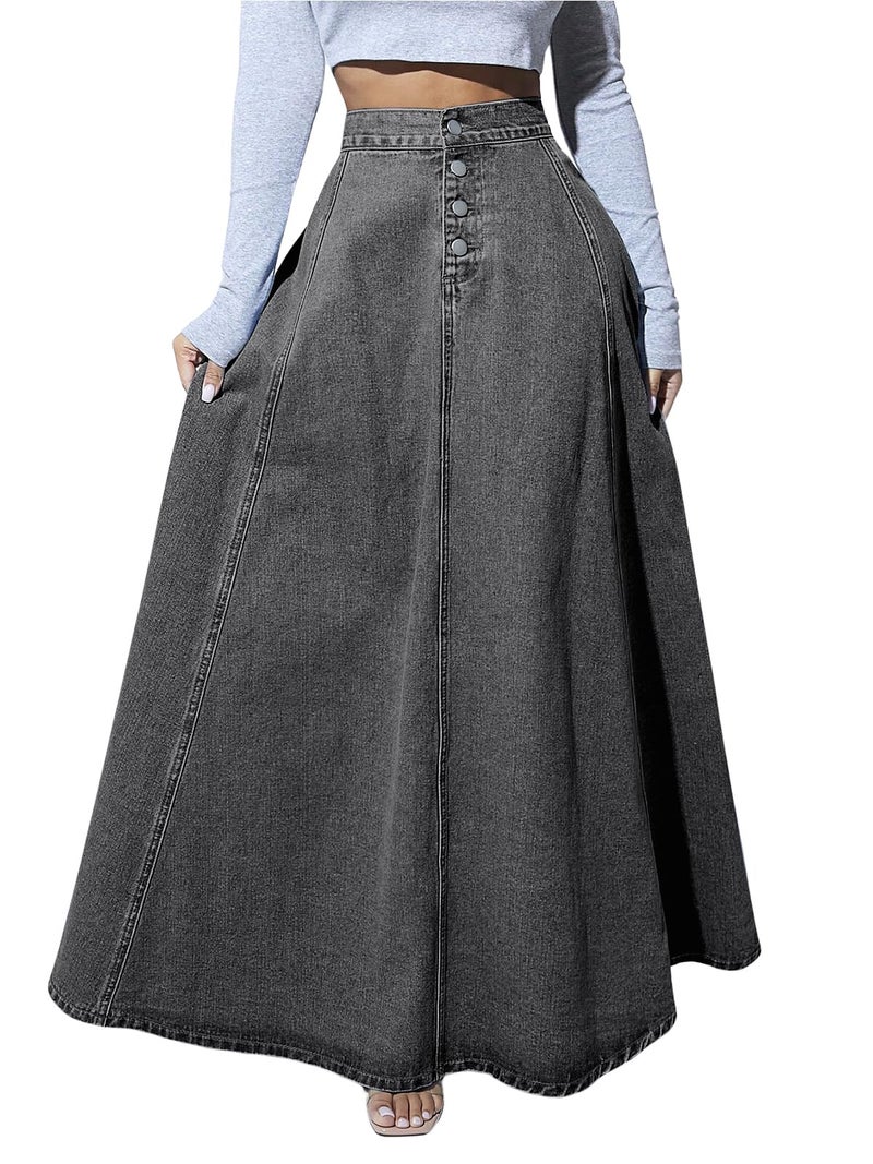 ebossy Women's Retro High Waisted Button Fly Flared Long Jean Skirts Pleated Flowy Swing A-line Denim Maxi Skirts (M, Dark Grey) - Image 1
