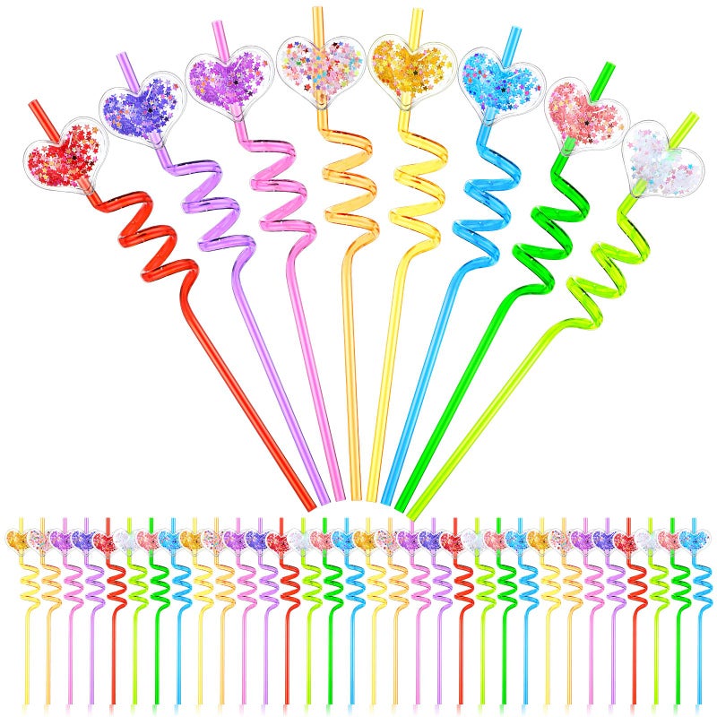 Sunnychicc Sunnychicc 40 Pcs Heart Party Favors Glitter Straws Heart Shaped Sparkly Plastic Reusable Drinking Straws Crazy Loop Classroom Goodie Gifts for Kids Exchange Prizes - Image 1