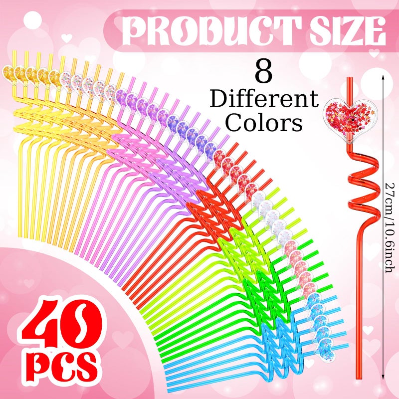 Sunnychicc Sunnychicc 40 Pcs Heart Party Favors Glitter Straws Heart Shaped Sparkly Plastic Reusable Drinking Straws Crazy Loop Classroom Goodie Gifts for Kids Exchange Prizes - Image 2