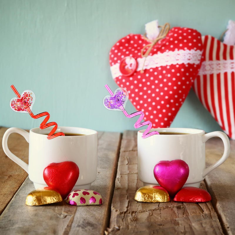 Sunnychicc Sunnychicc 40 Pcs Heart Party Favors Glitter Straws Heart Shaped Sparkly Plastic Reusable Drinking Straws Crazy Loop Classroom Goodie Gifts for Kids Exchange Prizes - Image 3