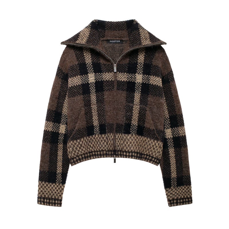 Europe and the United States cross-border wholesale 2024 autumn new womens plaid knitted collar bomber jacket coat women Picture color - Image 2