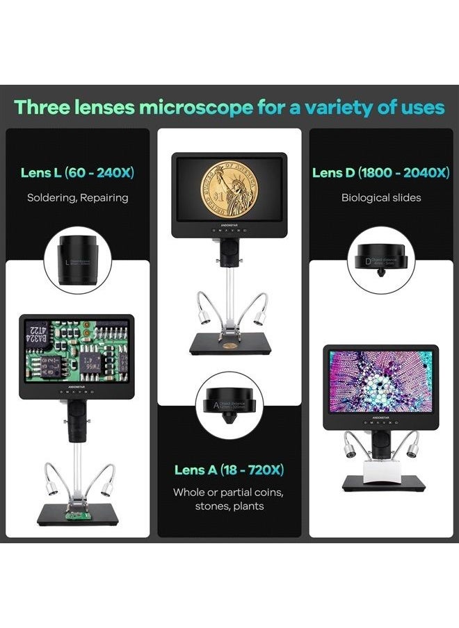 Andonstar AD249S-M 10.1 Inch HDMI Digital Microscope 2000x for Adults, 3 Lens 2160P UHD Video Record, Soldering Microscope, Coin Microscope, Biological Microscope Kit with 32G Card, Windows Compatible  - Image 2