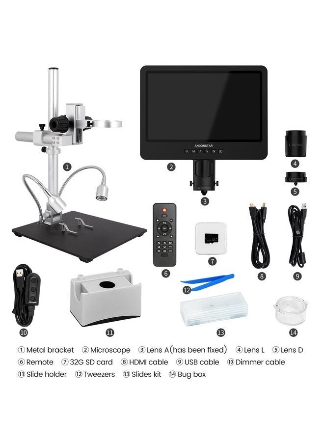 AD249S-M 10.1 Inch HDMI Digital Microscope 2000x for Adults, 3 Lens 2160P UHD Video Record, Soldering Microscope, Coin Microscope, Biological Microscope Kit with 32G Card, Windows Compatible