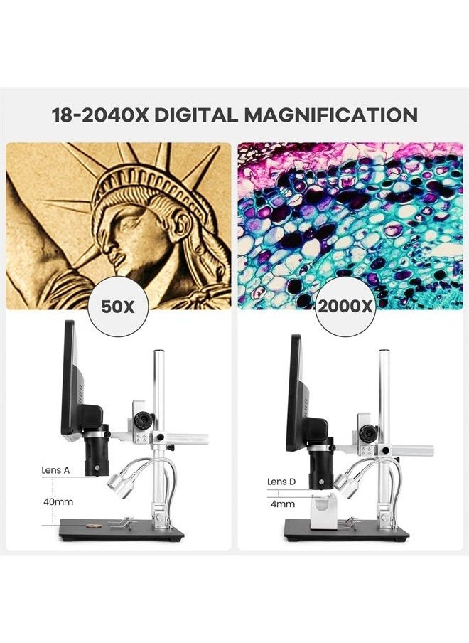AD249S-M 10.1 Inch HDMI Digital Microscope 2000x for Adults, 3 Lens 2160P UHD Video Record, Soldering Microscope, Coin Microscope, Biological Microscope Kit with 32G Card, Windows Compatible