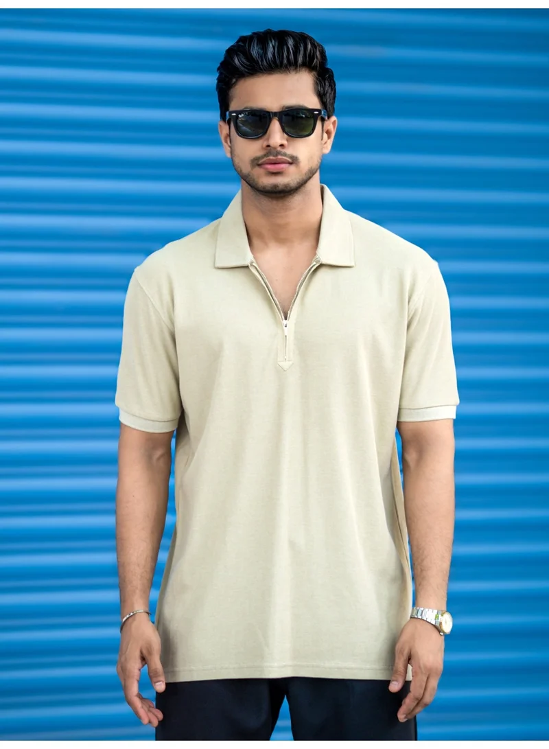 Maniac Maniac Mens Solid Waffle Texture Polo Neck Half Zipper Half Sleeve Beige Cotton T-Shirt