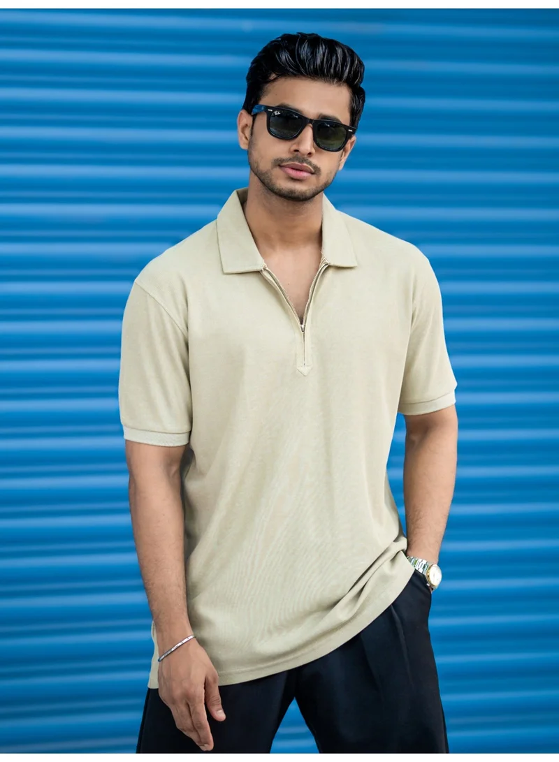 Maniac Maniac Mens Solid Waffle Texture Polo Neck Half Zipper Half Sleeve Beige Cotton T-Shirt