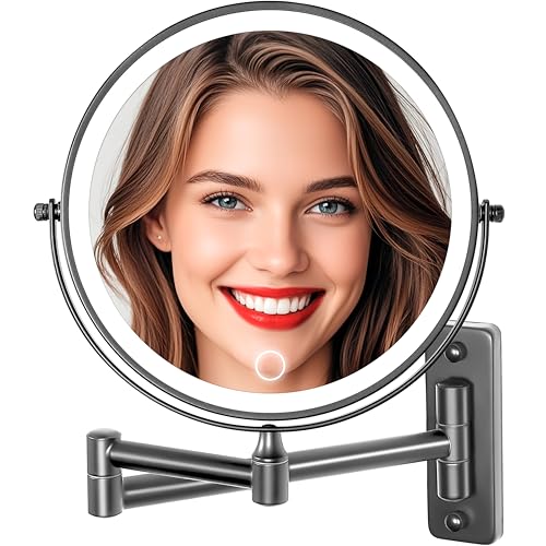 VESAUR Magnifying Mirror with Lights 1X/20X, 9" Double Sided 5000mAh Rechargeable Wall Mounted Lighted Makeup Mirror, 3 Color LED Lights Dimmable, Wall Mount Mirror 17" arm for Bathroom, Black Brushed Nickel - Image 1