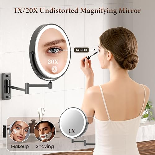 VESAUR Magnifying Mirror with Lights 1X/20X, 9" Double Sided 5000mAh Rechargeable Wall Mounted Lighted Makeup Mirror, 3 Color LED Lights Dimmable, Wall Mount Mirror 17" arm for Bathroom, Black Brushed Nickel - Image 3