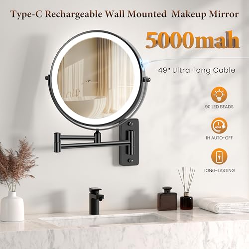 VESAUR Magnifying Mirror with Lights 1X/20X, 9" Double Sided 5000mAh Rechargeable Wall Mounted Lighted Makeup Mirror, 3 Color LED Lights Dimmable, Wall Mount Mirror 17" arm for Bathroom, Black Brushed Nickel - Image 2