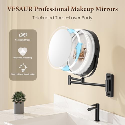 VESAUR Magnifying Mirror with Lights 1X/20X, 9" Double Sided 5000mAh Rechargeable Wall Mounted Lighted Makeup Mirror, 3 Color LED Lights Dimmable, Wall Mount Mirror 17" arm for Bathroom, Black Brushed Nickel - Image 5