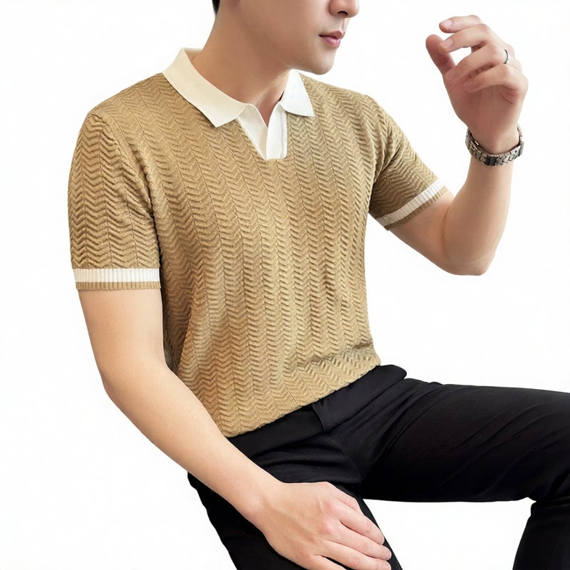 Men's Short Sleeve Knit Polo Shirt with Contrast Collar Casual Summer Top