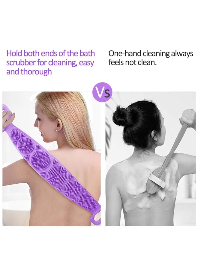 إيروريكس فرشاة استحمام من السيليكون لتقشير الجسم وفرك الظهر الطويل من السيليكون سهل التنظيف وجل الاستحمام من السيليكون الصديق للبيئة ومنشفة استحمام من جل الاستحمام الطويل وفرشاة استحمام للظهر بطول 62 سم باللون الأرجواني - Image 3