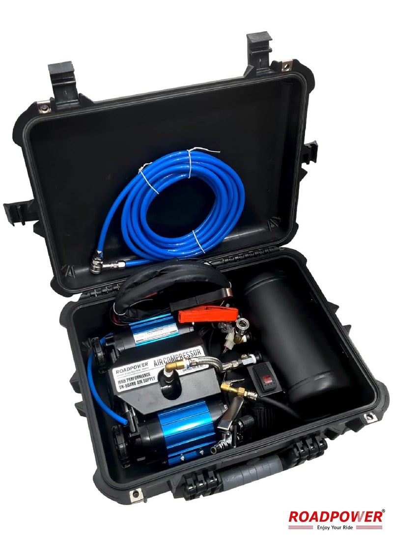 RoadPower 2 Cylinder Car Air Compressor Ultra Extreme 4x4 Tire Super Air Flow Portable 150 PSI AMP 62A 12V Tire Inflator For Car Truck Bicycle Football And Other Inflatables With Carry Box  - Image 1