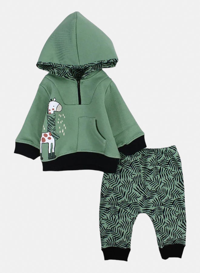 الصياد طقم بيجامة أطفال أولاد بقبعة قطن باللون الأخضر بطبعة زرافة - Image 1