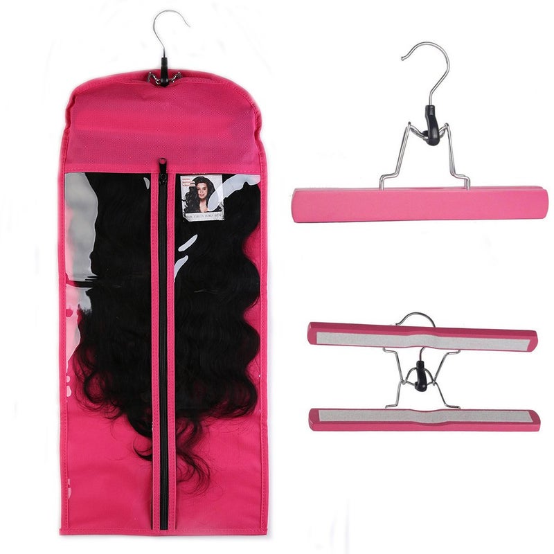 Hairro Hairro Portable Hair Extensions Carrier Holder Nonwoven Dustproof Suitcase Storage Bag with Wooden Hanger for Human Hair 26 Inch Rose Red