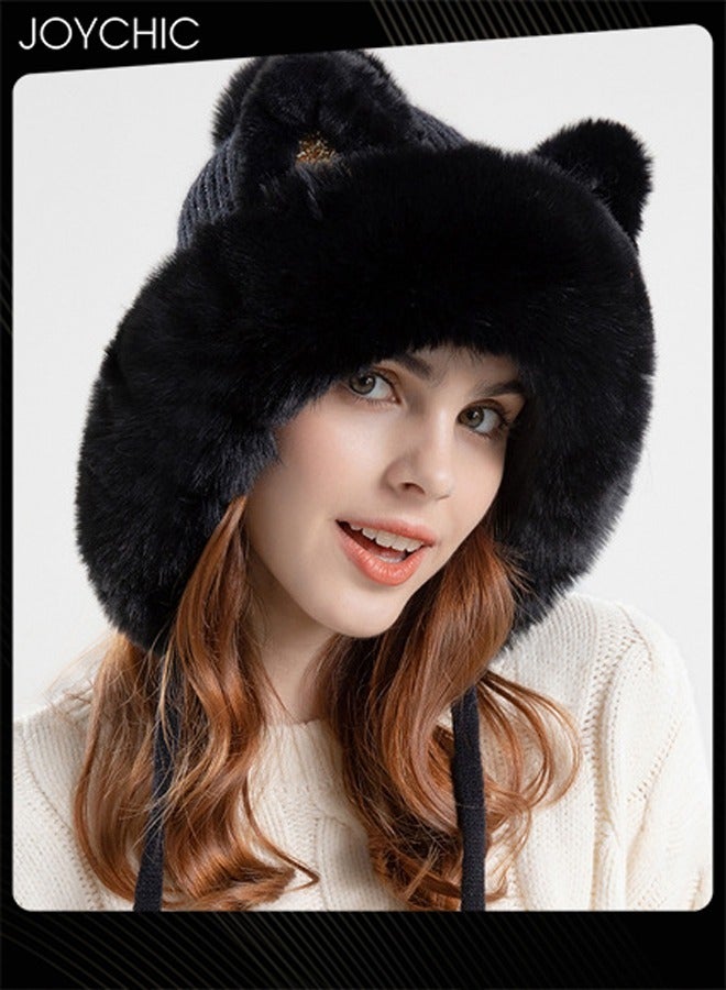 Joychic قبعة دافئة مقاومة للرياح بتصميم آذان قطة كرتونية لطيفة لفصل الخريف والشتاء للنساء باللون الأسود - Image 3
