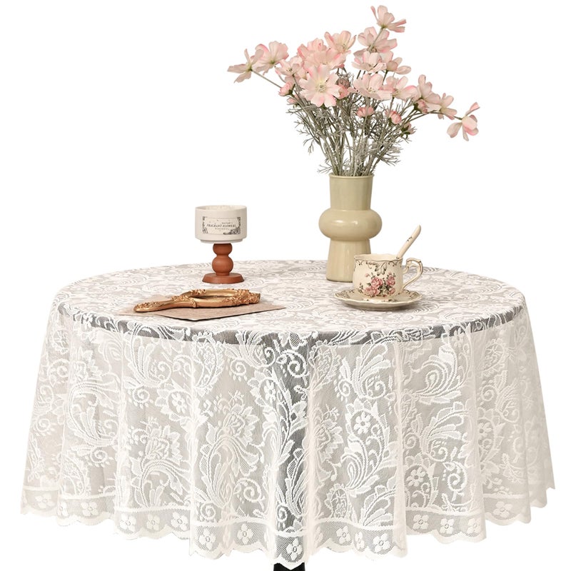 Jayla White Lace Round Tablecloth 60 Inches Phoenix Tail Flower Embroidered Wedding Table Cloths for Summer Outdoor Party Reception, Dinner Party, Baby Shower, Decorations, Home Decor - Image 1