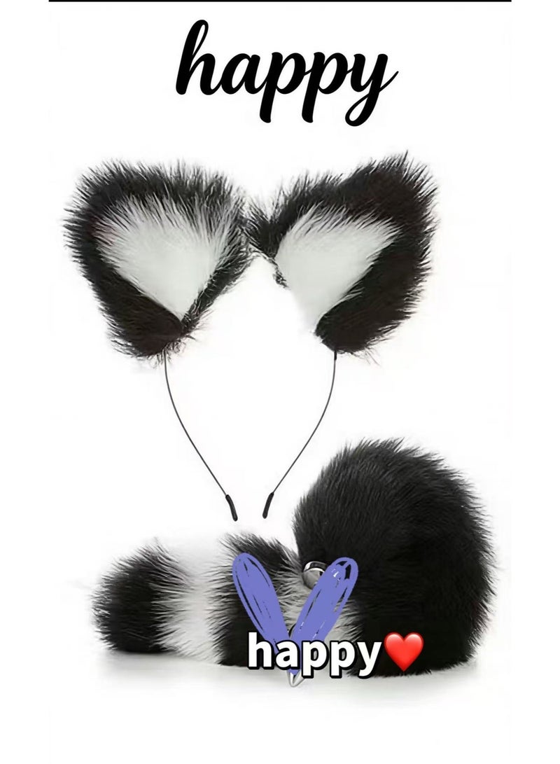 Handmade Soft Fur Cat Ears Headwear Headband and Fox Tail Anime Fancy Dress Party Cosplay Costume - Image 1