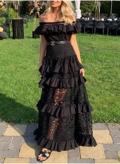 NIBEMINENT Summer Lace Maxi Dress Ladies Short Sleeve Hollow Out Long Sundress Beach Evening Party Dresses Female Elegant Vestidos  - Image 1