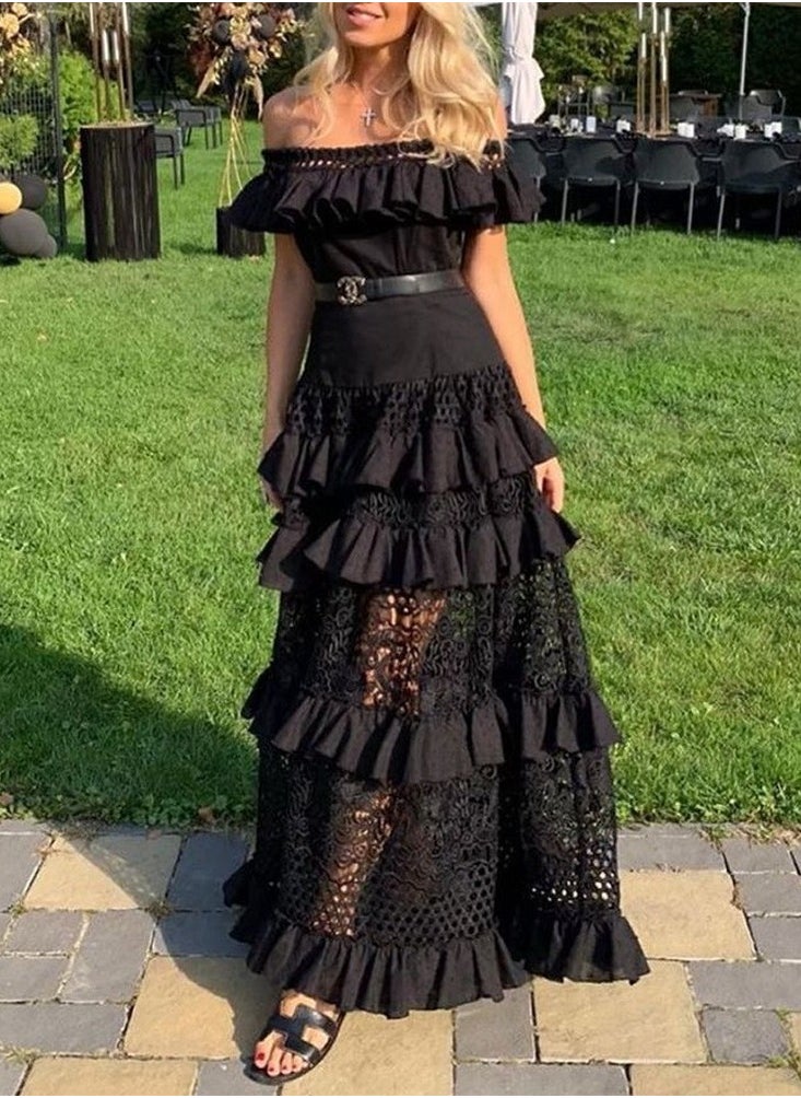 NIBEMINENT Summer Lace Maxi Dress Ladies Short Sleeve Hollow Out Long Sundress Beach Evening Party Dresses Female Elegant Vestidos  - Image 1