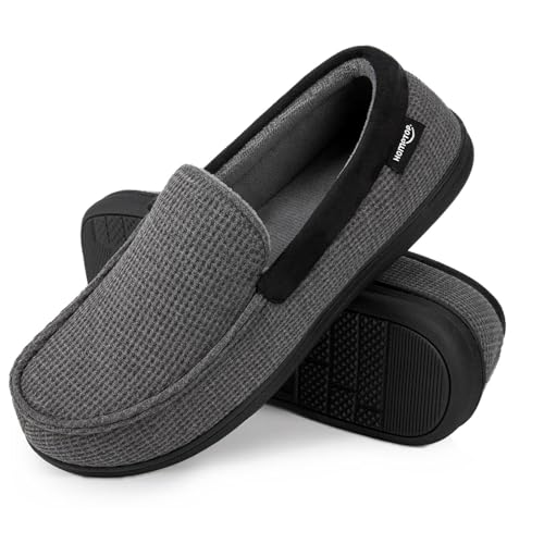 HomeTop Men's Comfort Memory Foam Moccasin Slippers, Breathable Cotton Knit Terry Cloth House Shoes for Indoor Outdoor (11 D(M) US, Dark Gray) - Image 1