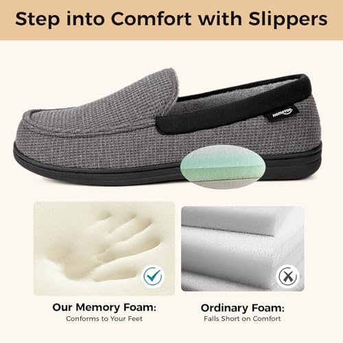 HomeTop Men's Comfort Memory Foam Moccasin Slippers, Breathable Cotton Knit Terry Cloth House Shoes for Indoor Outdoor (11 D(M) US, Dark Gray) - Image 3
