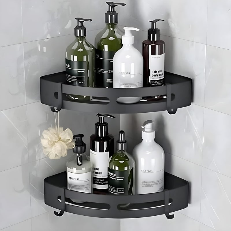 JIALTO 2 Pcs Corner Shelf for Bathroom | Self-Adhesive Bathroom Shelf for Wall | Corner Stand and Rack Without Drilling | Bathroom Accessories and Storage Rack (Black) Aluminium - Image 1