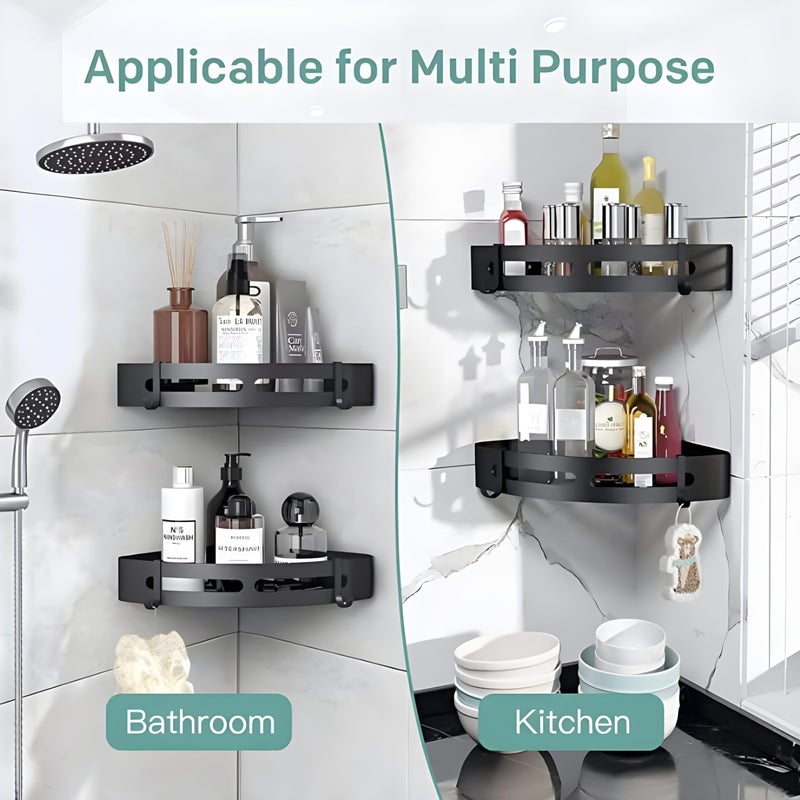 JIALTO 2 Pcs Corner Shelf for Bathroom | Self-Adhesive Bathroom Shelf for Wall | Corner Stand and Rack Without Drilling | Bathroom Accessories and Storage Rack (Black) Aluminium - Image 4