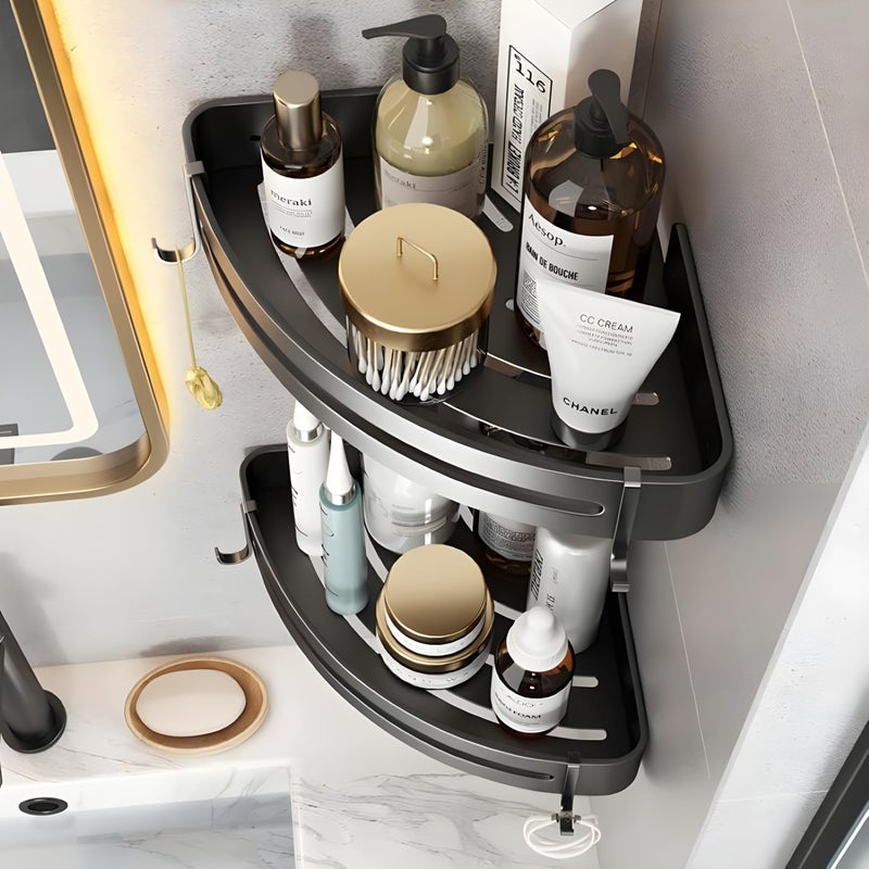 JIALTO 2 Pcs Corner Shelf for Bathroom | Self-Adhesive Bathroom Shelf for Wall | Corner Stand and Rack Without Drilling | Bathroom Accessories and Storage Rack (Black) Aluminium - Image 2