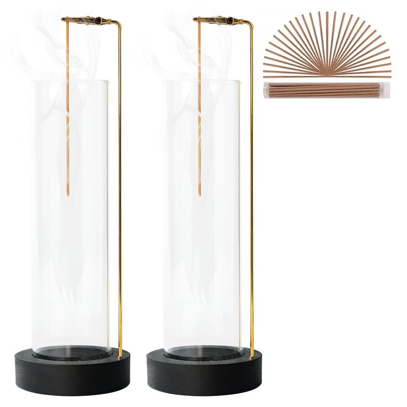 GARMOLY Incense Holder for Sticks, Anti-Ash Flying Incense Burner with 30 Incense Sticks, Detachable Glass Ash Catcher (Black, 2Pcs - Image 1