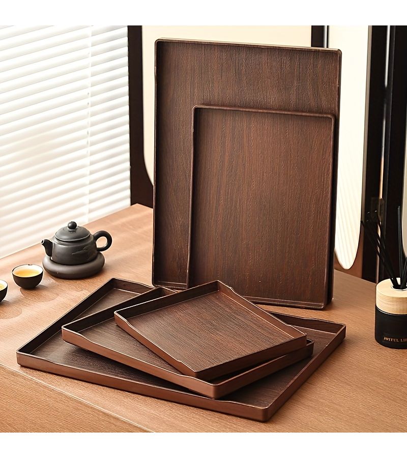 1 Pc Dark Wood Color Faux Wood Plastic Rectangular Serving Tray For Living Room Dining Tea Decorative Storage Holiday Gift - Image 2
