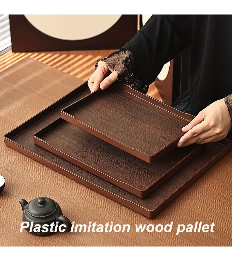 1 Pc Dark Wood Color Faux Wood Plastic Rectangular Serving Tray For Living Room Dining Tea Decorative Storage Holiday Gift - Image 1