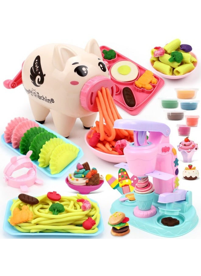 Generic - Children's Colored Mud Piglet Noodle Machine Plasticine Ice Cream Mold Tools Suit Clay Toys Zhao Zhisun-Color:Piggy Noodle Maker Dumplings + Multifunctional Ice Cream + 24 Clay✓-Specifications:Other✓ - Image 1