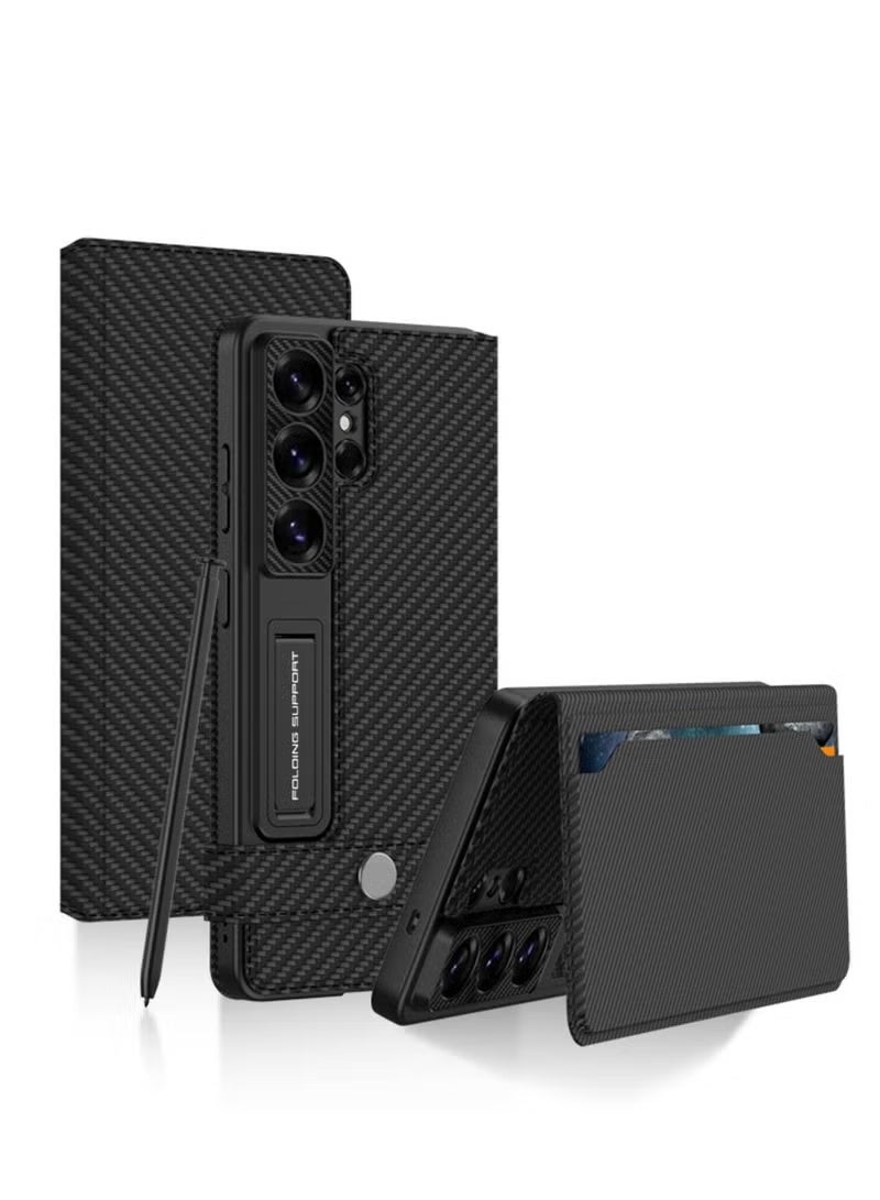Adando for Samsung Galaxy S26 Ultra Flip Wallet Case with Kickstand, Hard PC Magnetic Flip Case with Card Holder Slot, Shockproof Cover for Samsung S26 Ultra [Not Include Pen] (Carbon Fiber Black) - Image 3