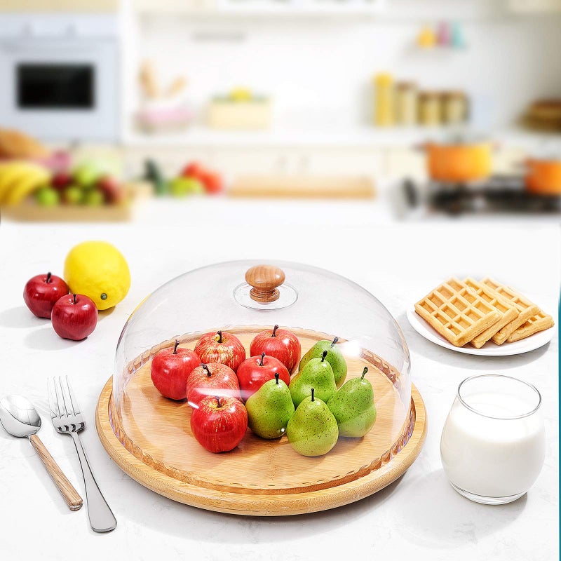 REPLEX Dessert Cloche with Base Cake Stand Glass Display Dome with Bamboo Serving Tray Dessert Cake Cover Display with Base - Image 2